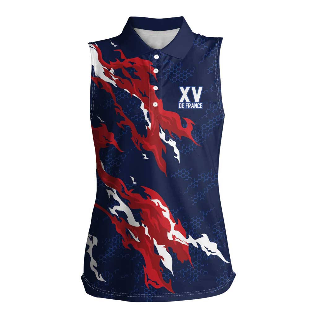 Custom France Rugby Pride Women Sleeveless Polo Shirt XV de France Flame Fire Style