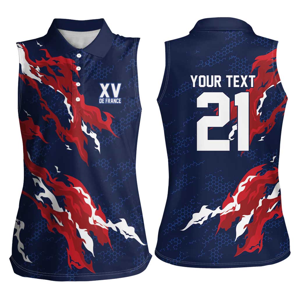 Custom France Rugby Pride Women Sleeveless Polo Shirt XV de France Flame Fire Style