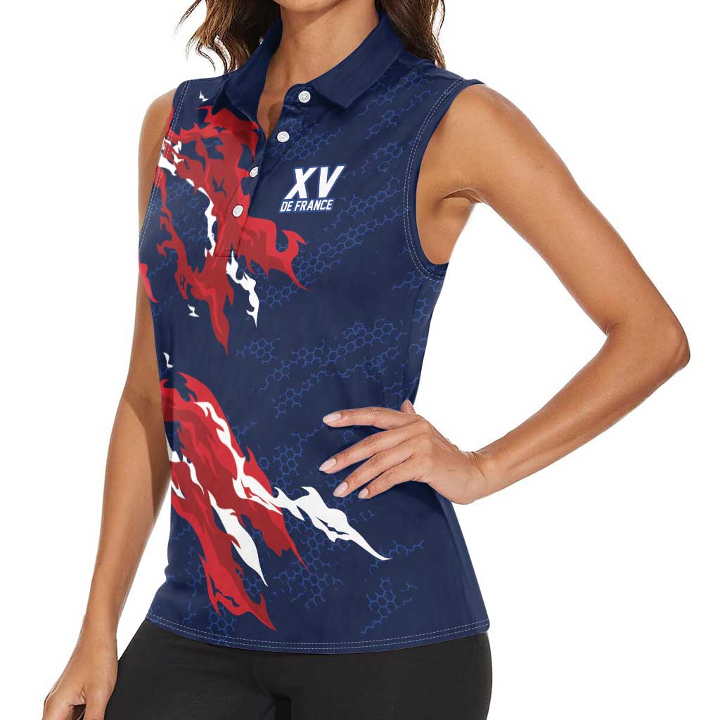 Custom France Rugby Pride Women Sleeveless Polo Shirt XV de France Flame Fire Style