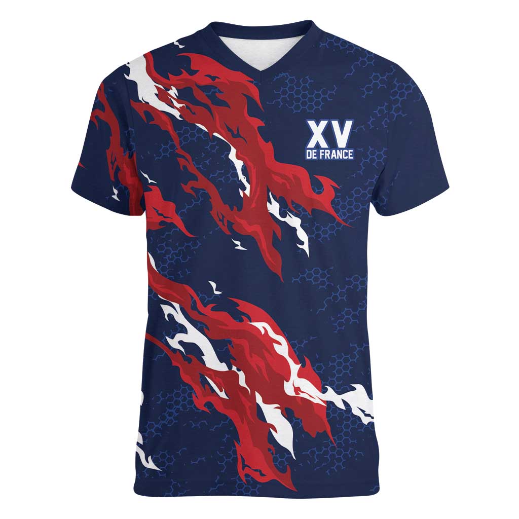 Custom France Rugby Pride Women V-Neck T-Shirt XV de France Flame Fire Style