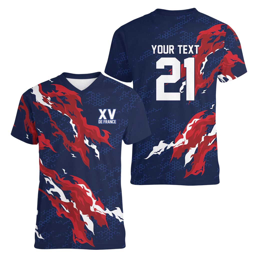 Custom France Rugby Pride Women V-Neck T-Shirt XV de France Flame Fire Style