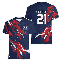 Custom France Rugby Pride Women V-Neck T-Shirt XV de France Flame Fire Style