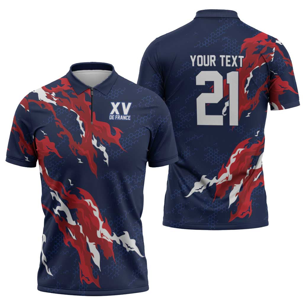 Custom France Rugby Pride Zipper Polo Shirt XV de France Flame Fire Style