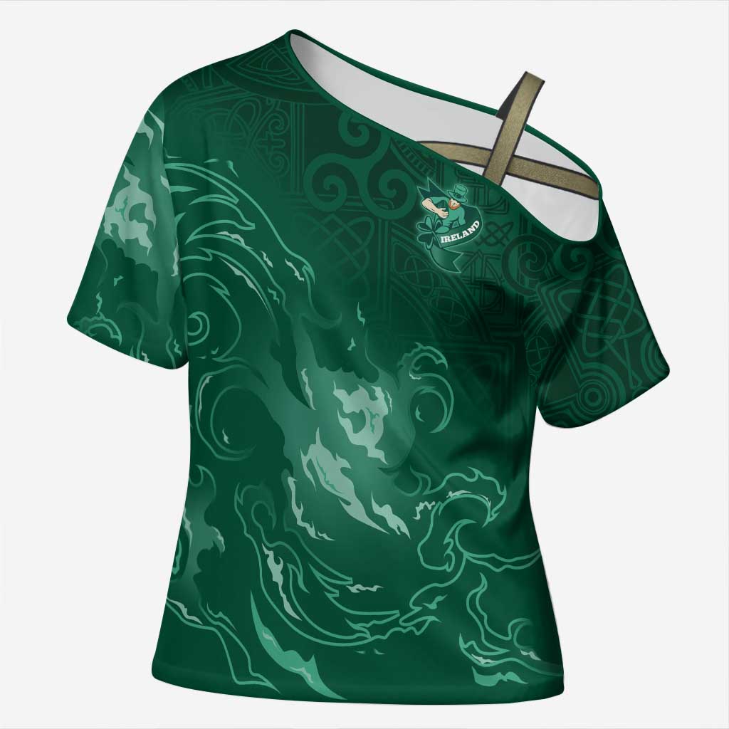 Custom Ireland Rugby Pride Cross Shoulder Shirt Celtic Shamrock Flame Fire Style