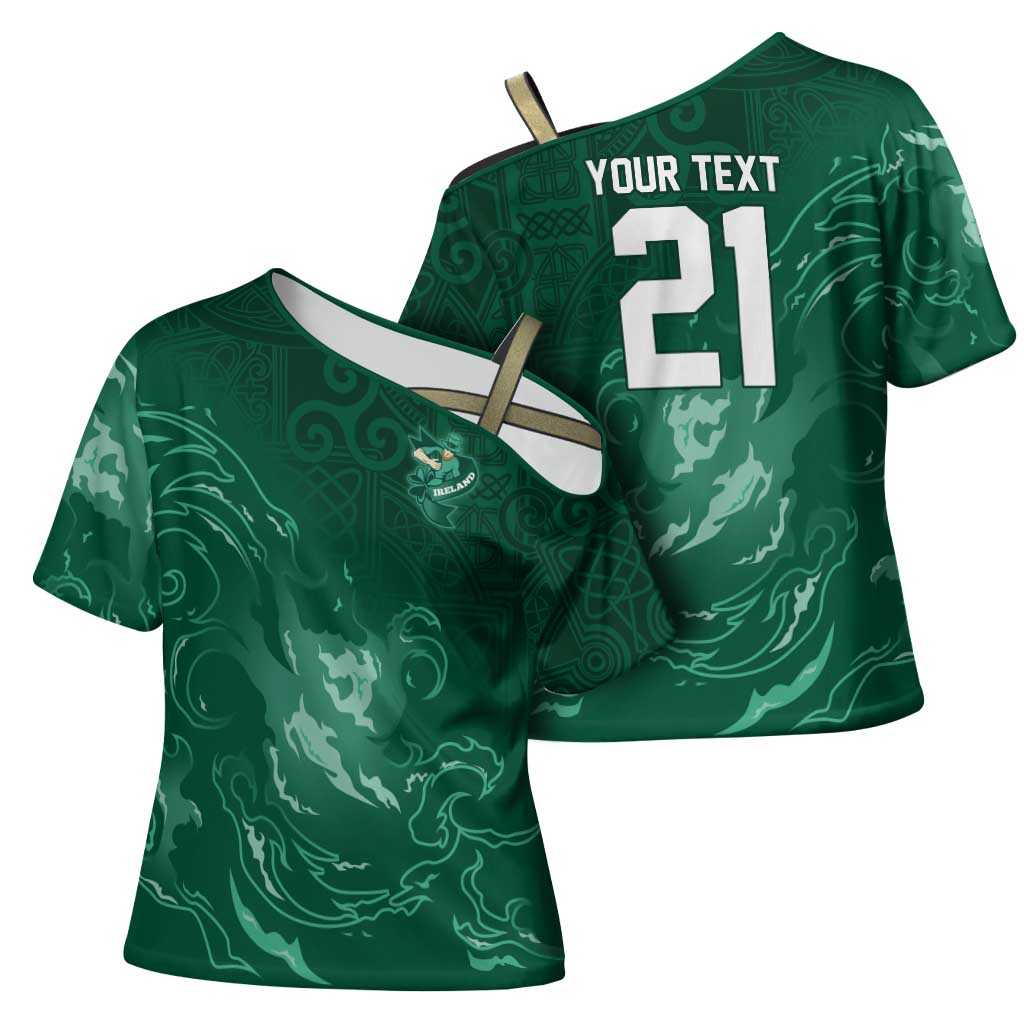 Custom Ireland Rugby Pride Cross Shoulder Shirt Celtic Shamrock Flame Fire Style