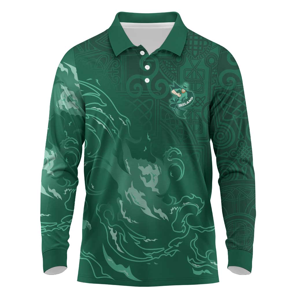 Custom Ireland Rugby Pride Long Sleeve Polo Shirt Celtic Shamrock Flame Fire Style