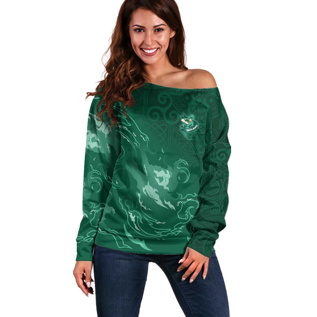 Custom Ireland Rugby Pride Off Shoulder Sweater Celtic Shamrock Flame Fire Style