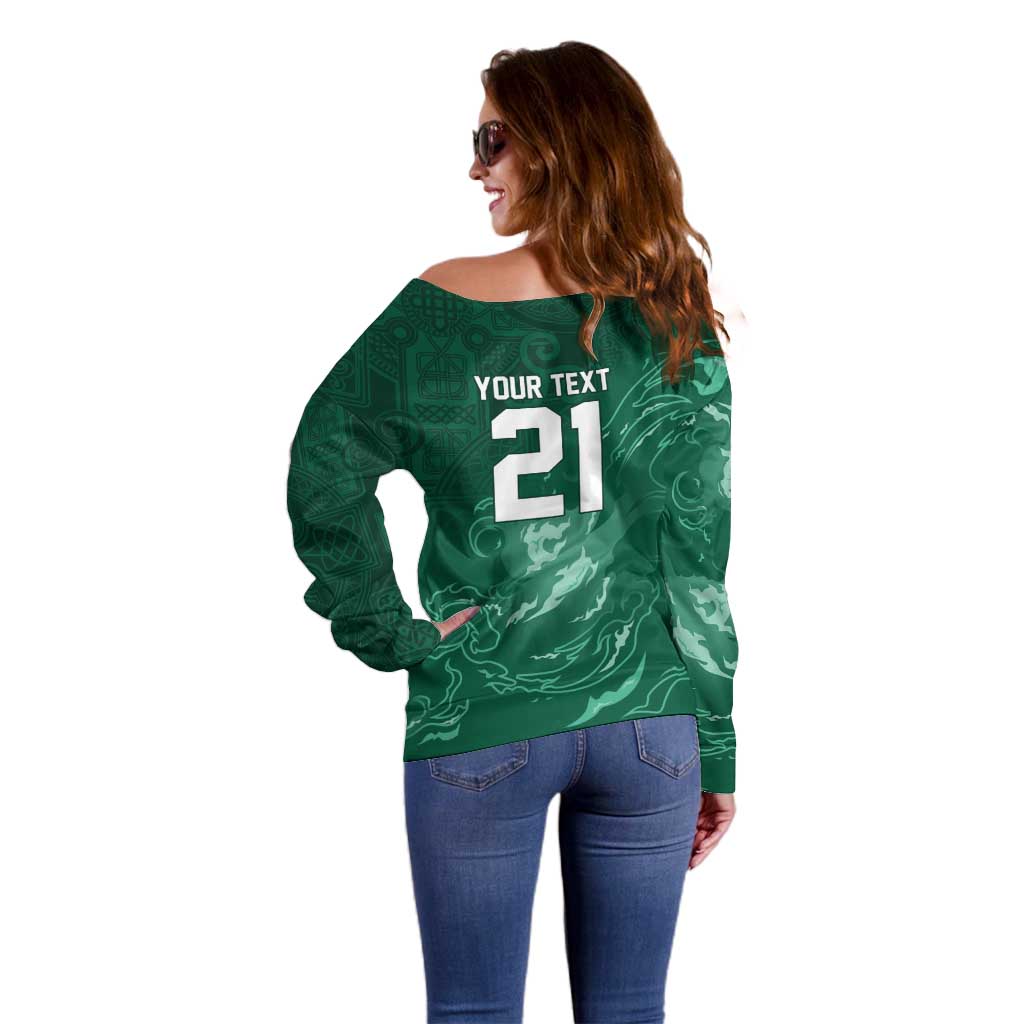 Custom Ireland Rugby Pride Off Shoulder Sweater Celtic Shamrock Flame Fire Style