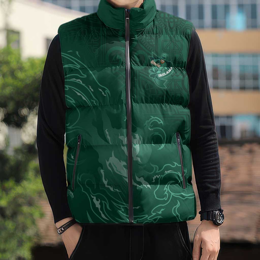 Custom Ireland Rugby Pride Sleeveless Puffer Jacket Celtic Shamrock Flame Fire Style