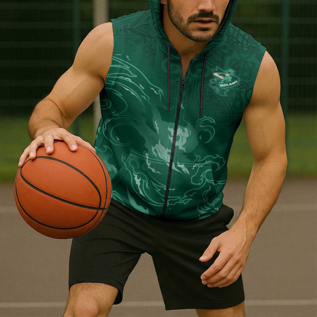 Custom Ireland Rugby Pride Sleeveless Zip Hoodie Celtic Shamrock Flame Fire Style