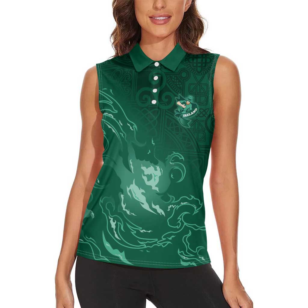 Custom Ireland Rugby Pride Women Sleeveless Polo Shirt Celtic Shamrock Flame Fire Style