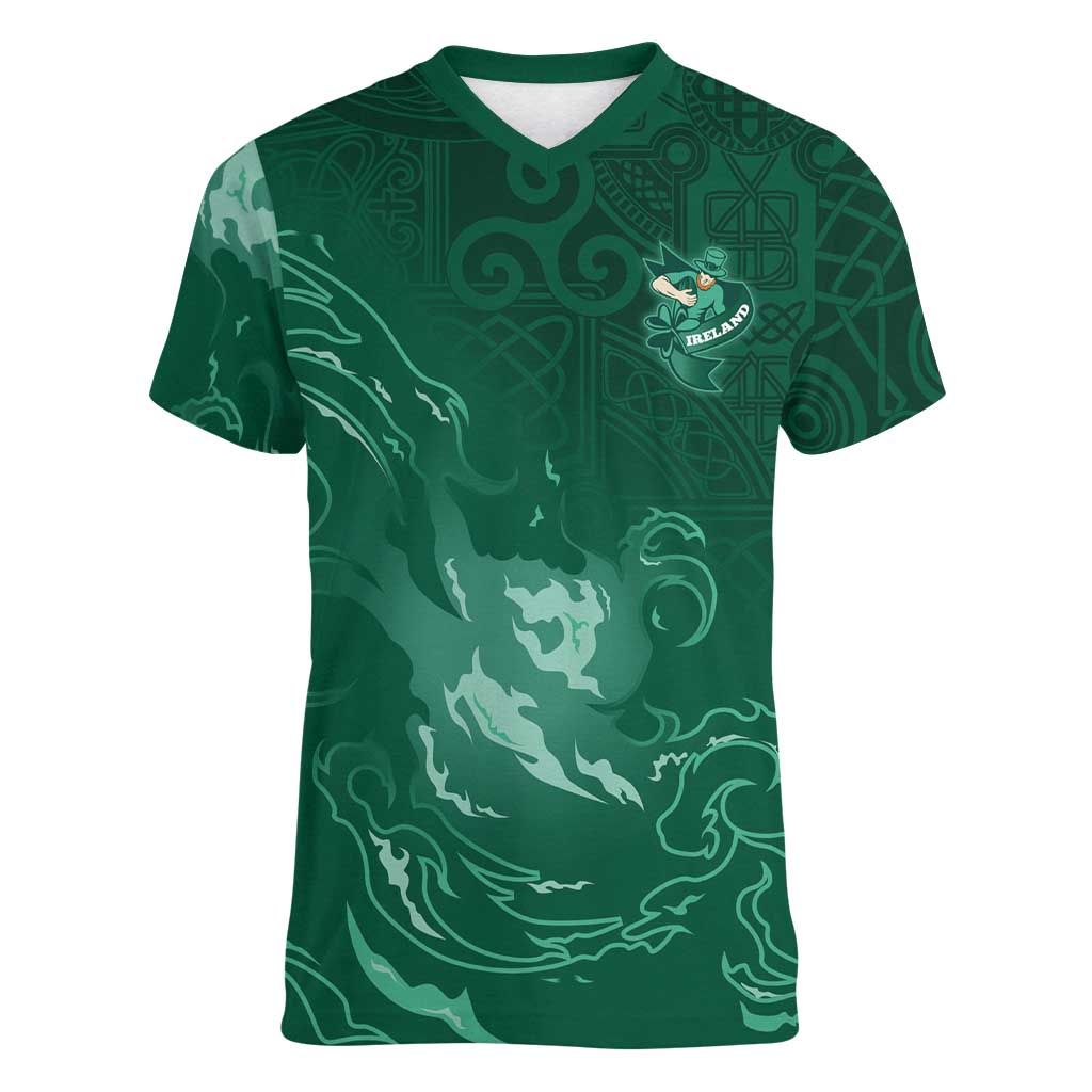Custom Ireland Rugby Pride Women V-Neck T-Shirt Celtic Shamrock Flame Fire Style