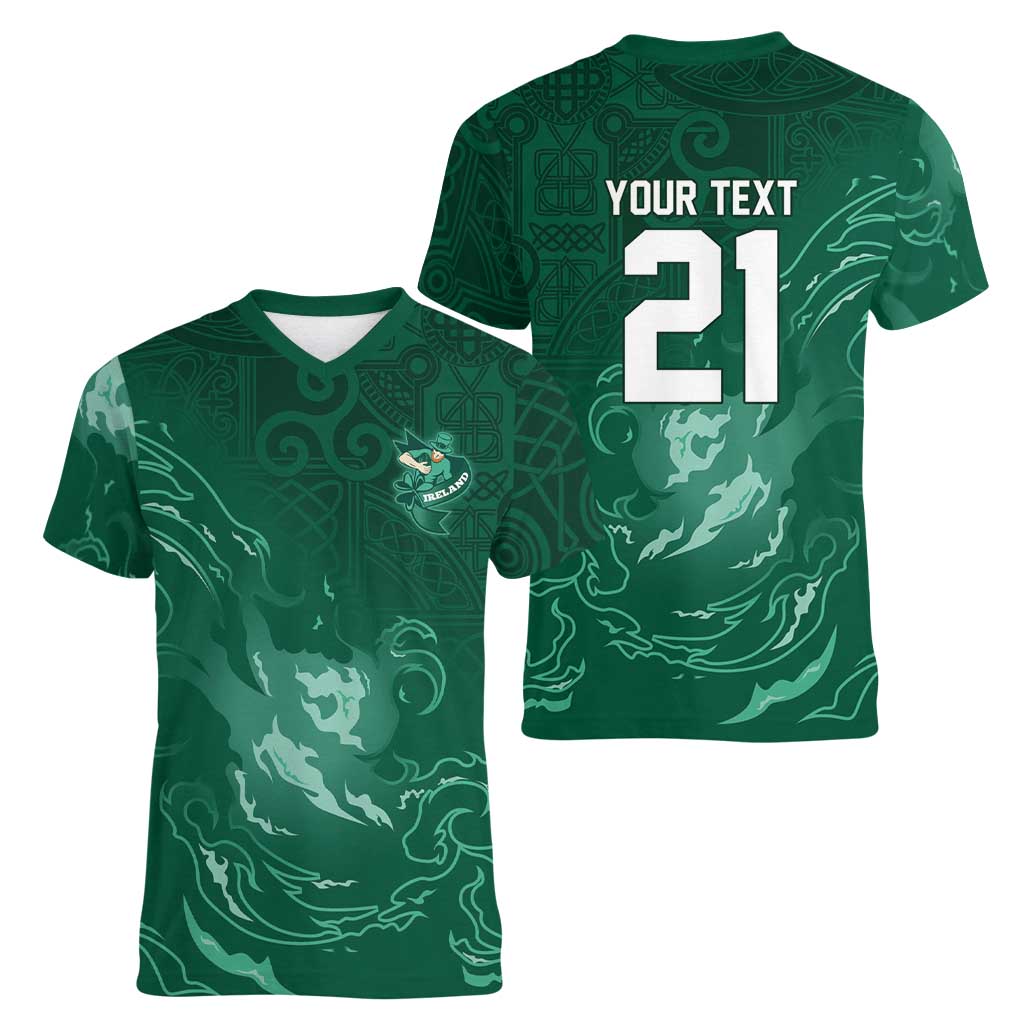 Custom Ireland Rugby Pride Women V-Neck T-Shirt Celtic Shamrock Flame Fire Style