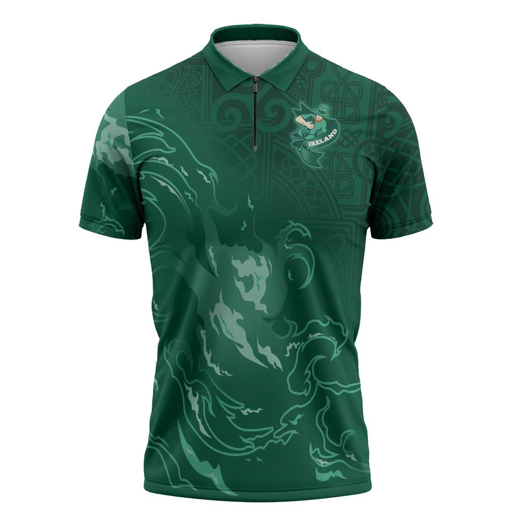 Custom Ireland Rugby Pride Zipper Polo Shirt Celtic Shamrock Flame Fire Style