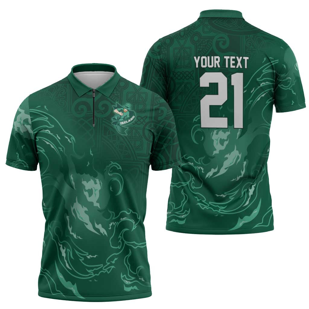 Custom Ireland Rugby Pride Zipper Polo Shirt Celtic Shamrock Flame Fire Style