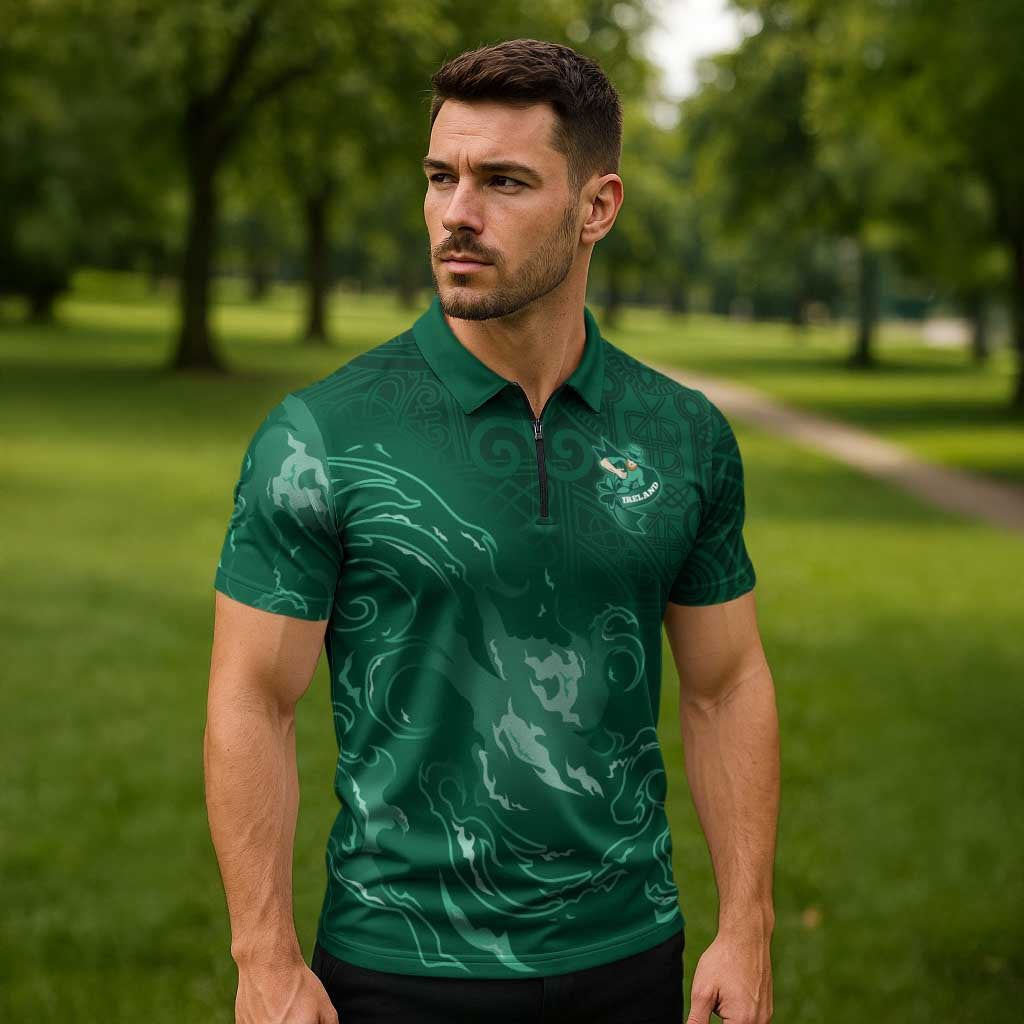 Custom Ireland Rugby Pride Zipper Polo Shirt Celtic Shamrock Flame Fire Style
