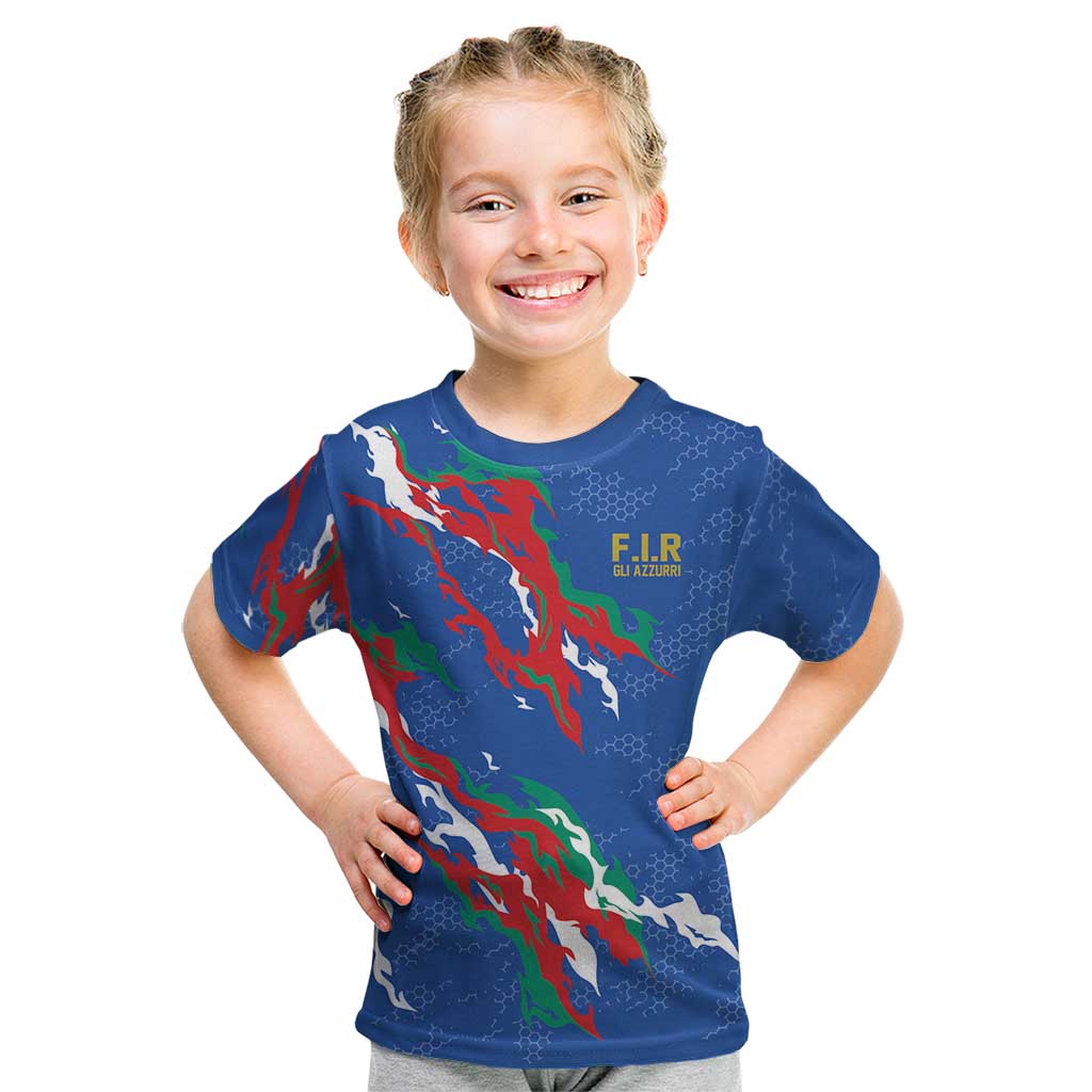 Custom Italy Rugby Pride Kid T Shirt Gli Azzurri Flame Fire Style