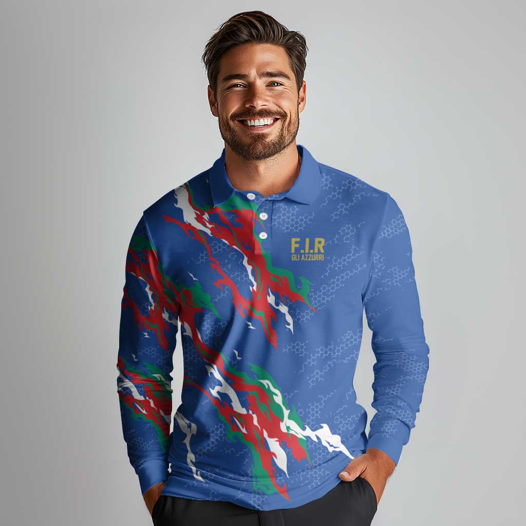 Custom Italy Rugby Pride Long Sleeve Polo Shirt Gli Azzurri Flame Fire Style