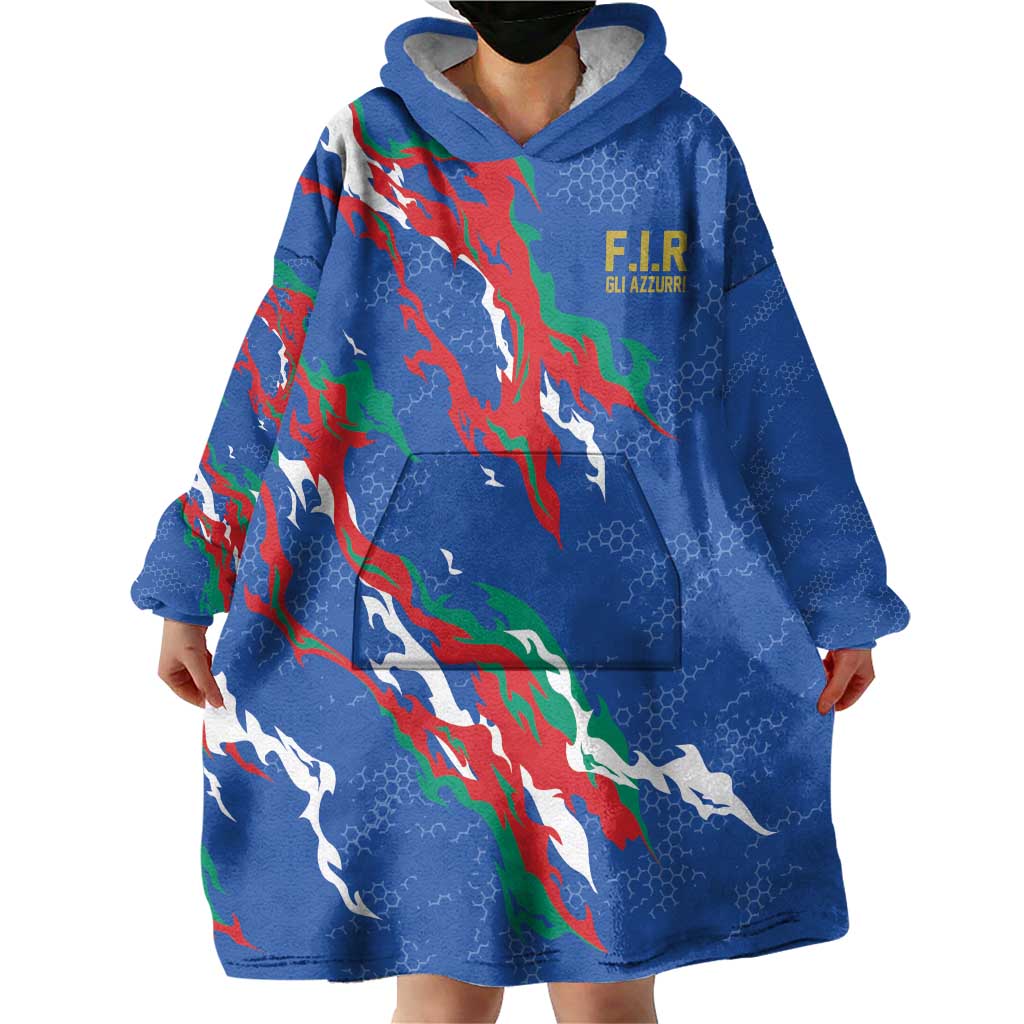 Custom Italy Rugby Pride Wearable Blanket Hoodie Gli Azzurri Flame Fire Style