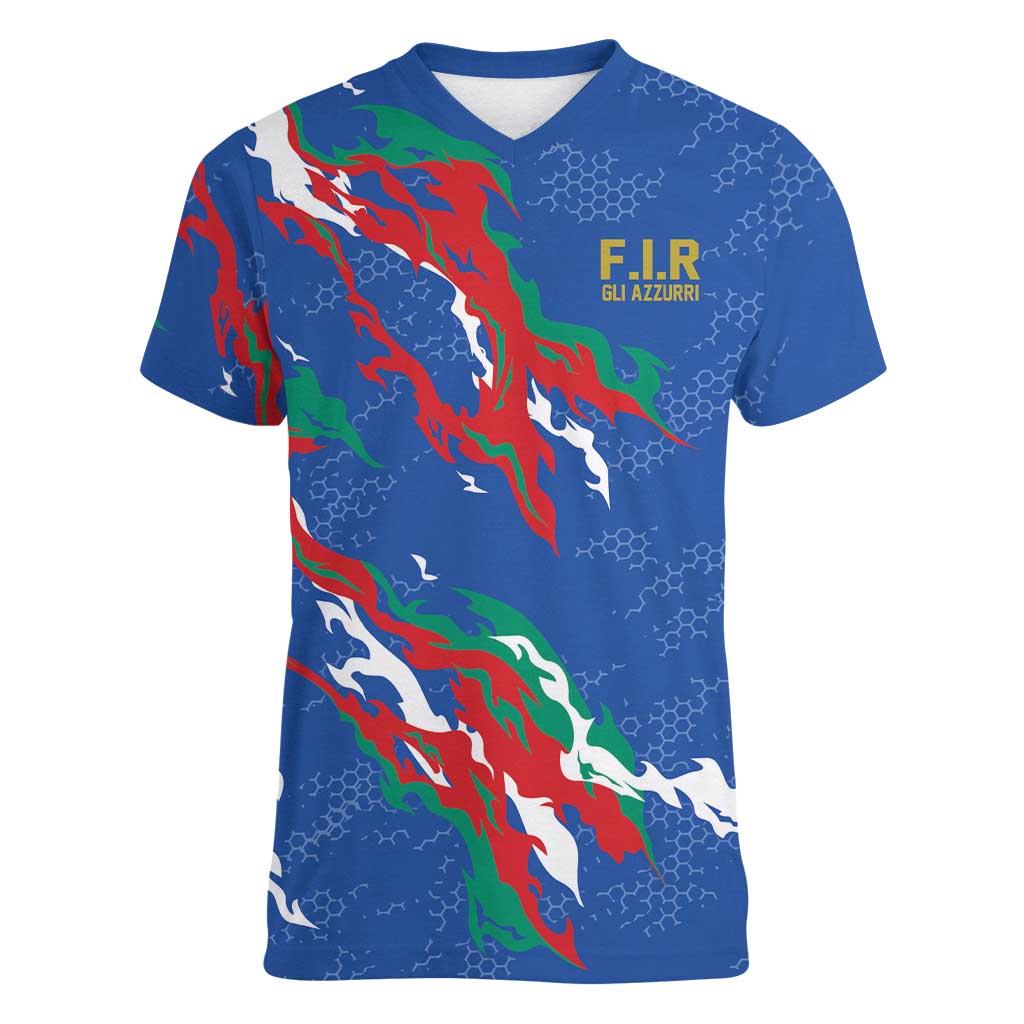 Custom Italy Rugby Pride Women V-Neck T-Shirt Gli Azzurri Flame Fire Style