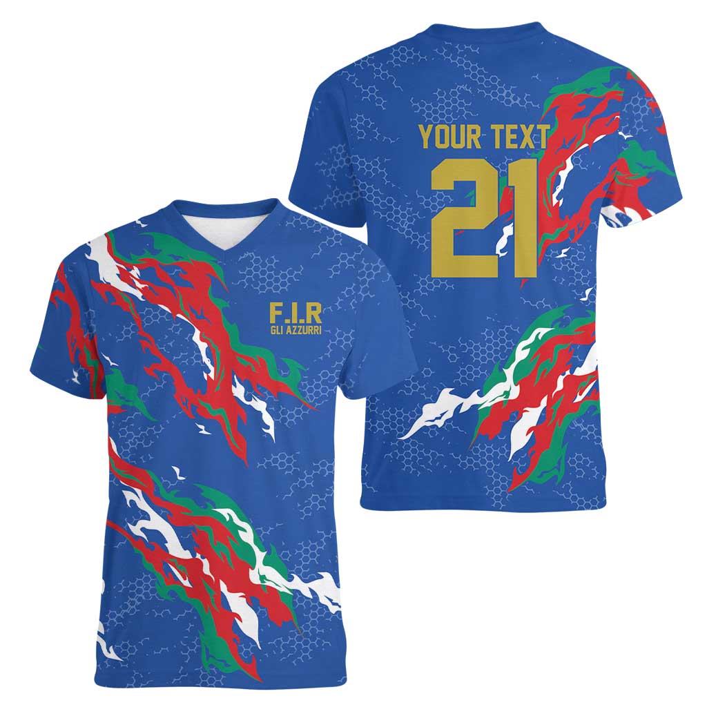 Custom Italy Rugby Pride Women V-Neck T-Shirt Gli Azzurri Flame Fire Style