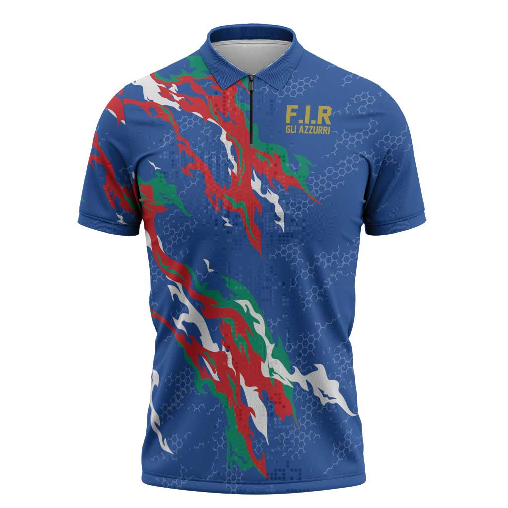 Custom Italy Rugby Pride Zipper Polo Shirt Gli Azzurri Flame Fire Style
