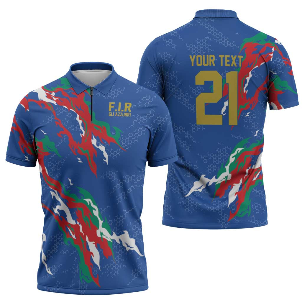 Custom Italy Rugby Pride Zipper Polo Shirt Gli Azzurri Flame Fire Style