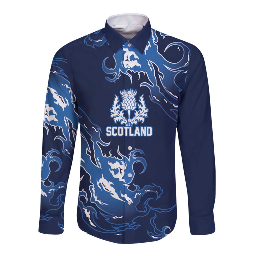 Custom Scotland Rugby Pride Long Sleeve Button Shirt Thistle Flame Fire Style
