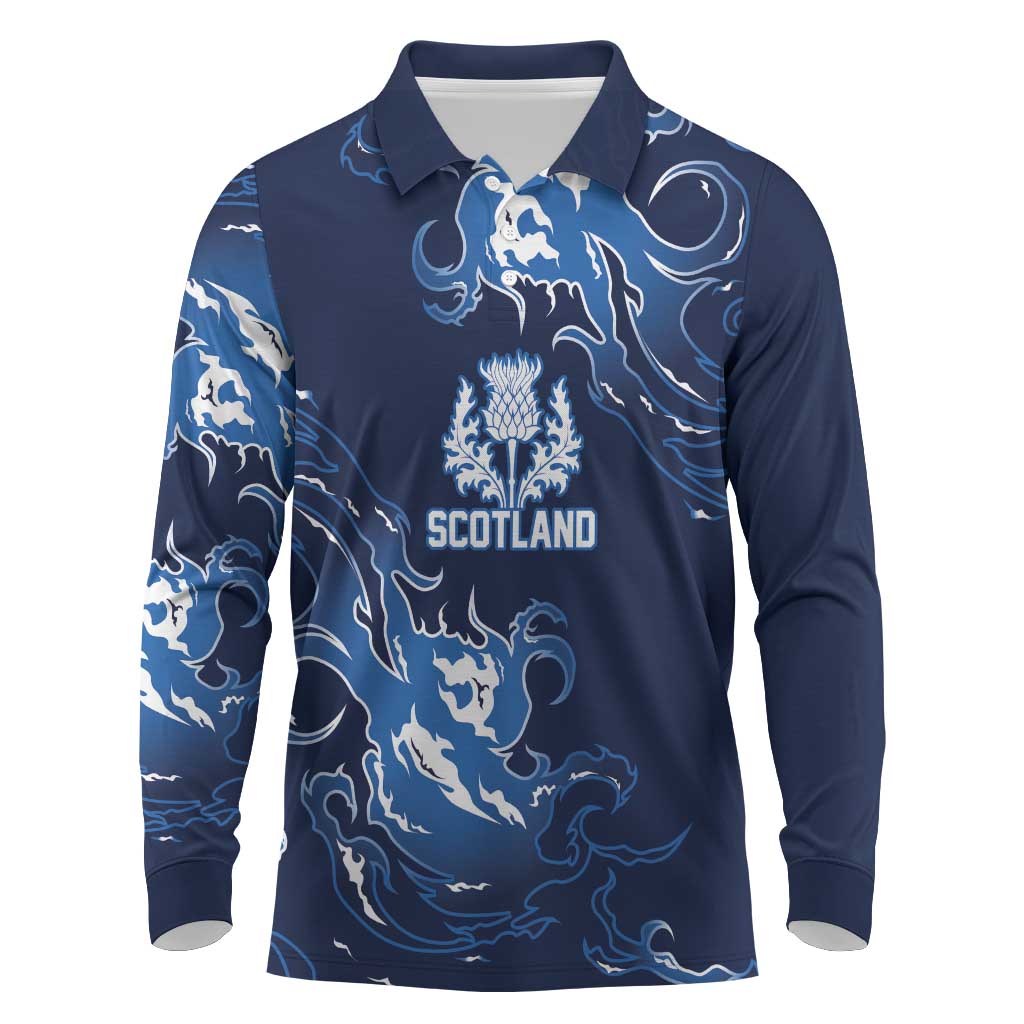 Custom Scotland Rugby Pride Long Sleeve Polo Shirt Thistle Flame Fire Style