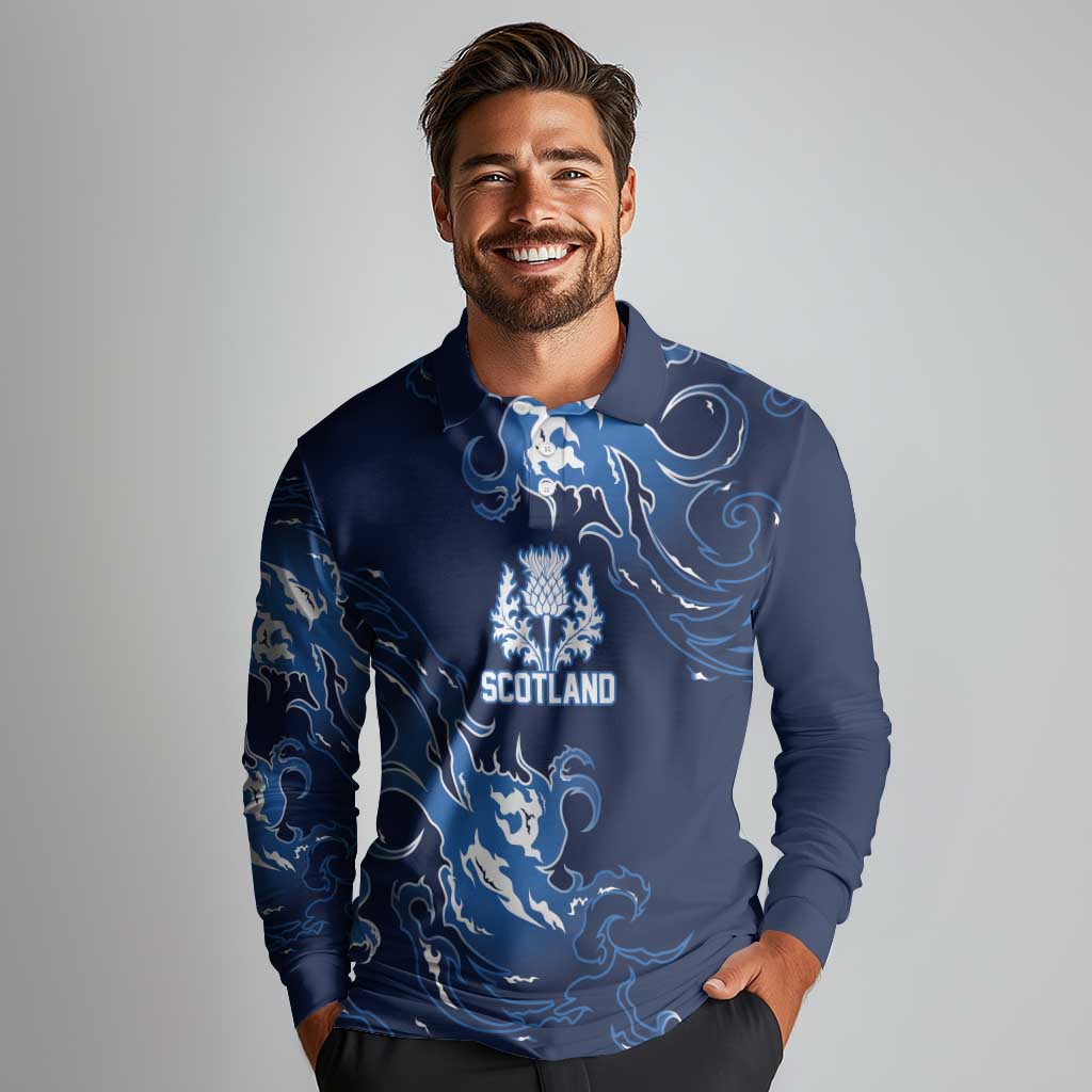 Custom Scotland Rugby Pride Long Sleeve Polo Shirt Thistle Flame Fire Style