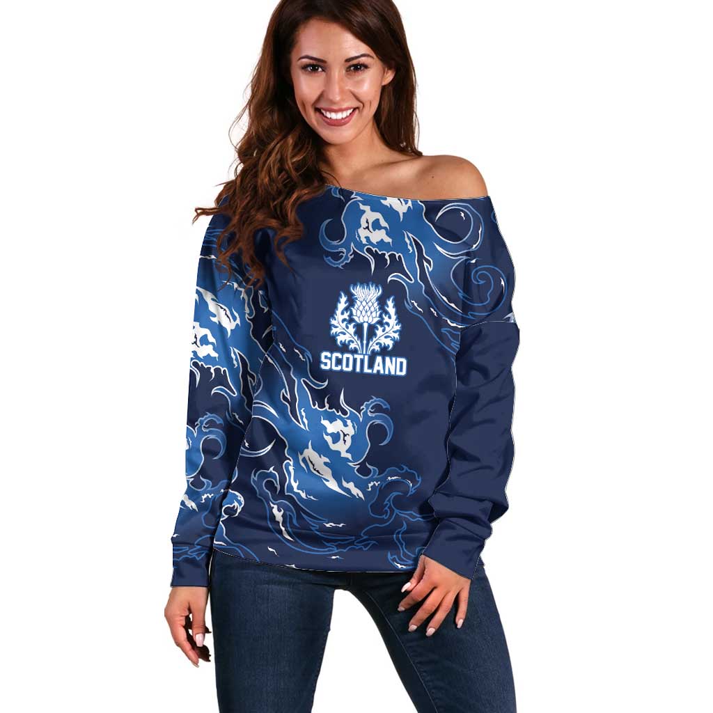Custom Scotland Rugby Pride Off Shoulder Sweater Thistle Flame Fire Style