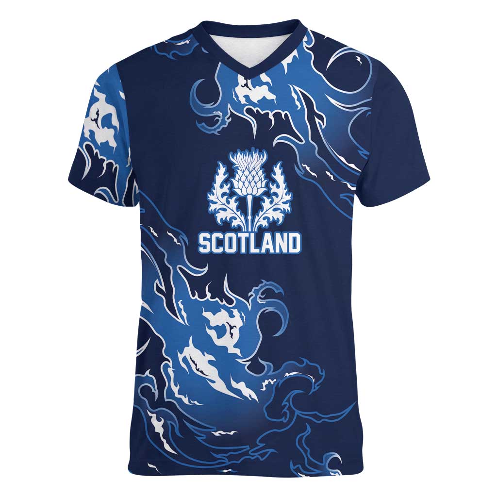 Custom Scotland Rugby Pride Women V-Neck T-Shirt Thistle Flame Fire Style