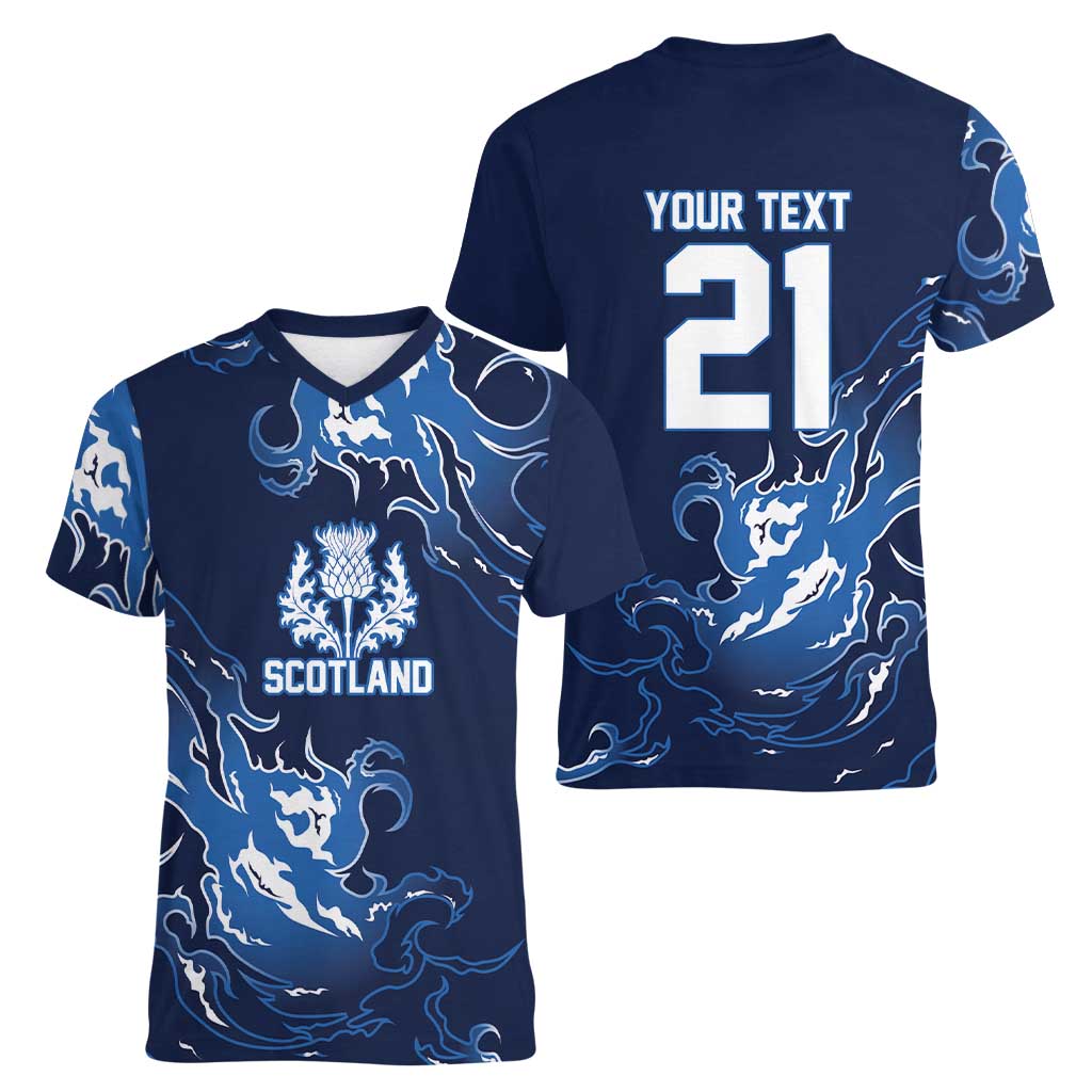 Custom Scotland Rugby Pride Women V-Neck T-Shirt Thistle Flame Fire Style