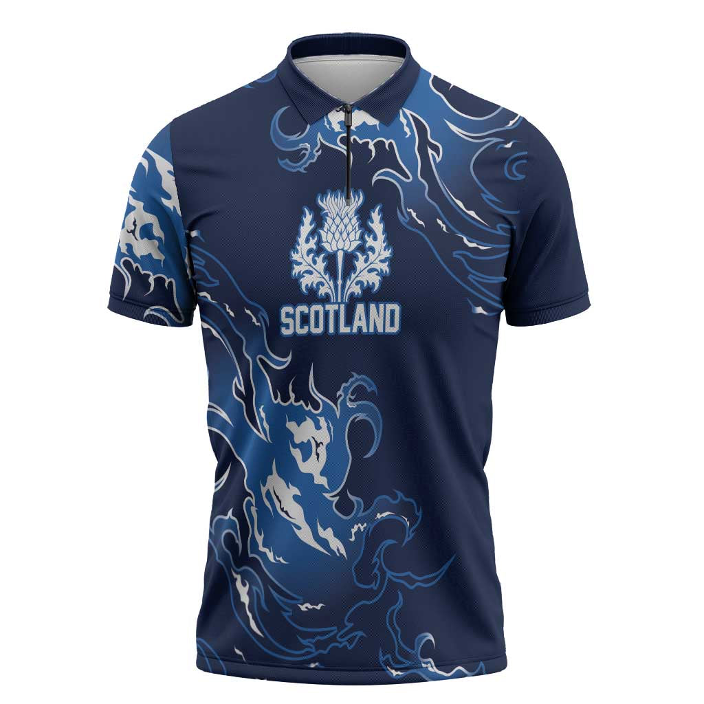 Custom Scotland Rugby Pride Zipper Polo Shirt Thistle Flame Fire Style
