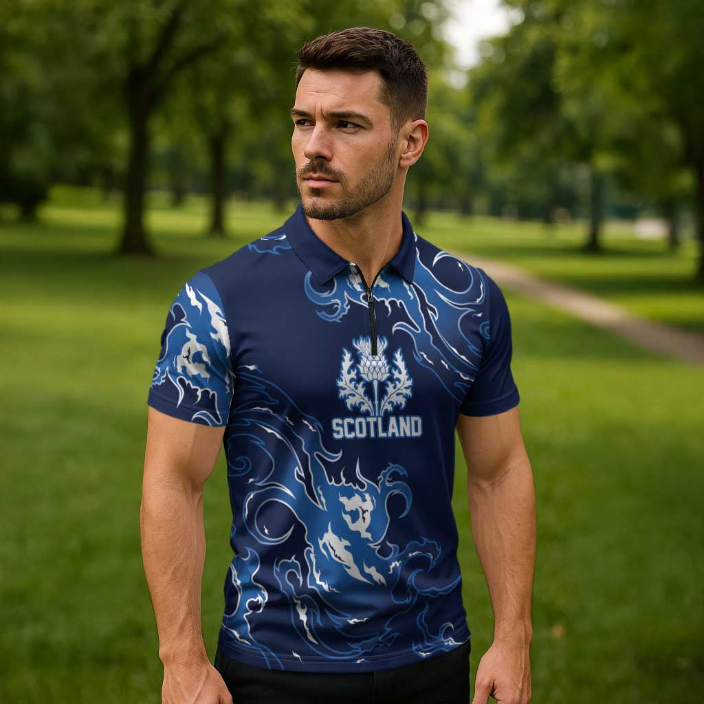 Custom Scotland Rugby Pride Zipper Polo Shirt Thistle Flame Fire Style