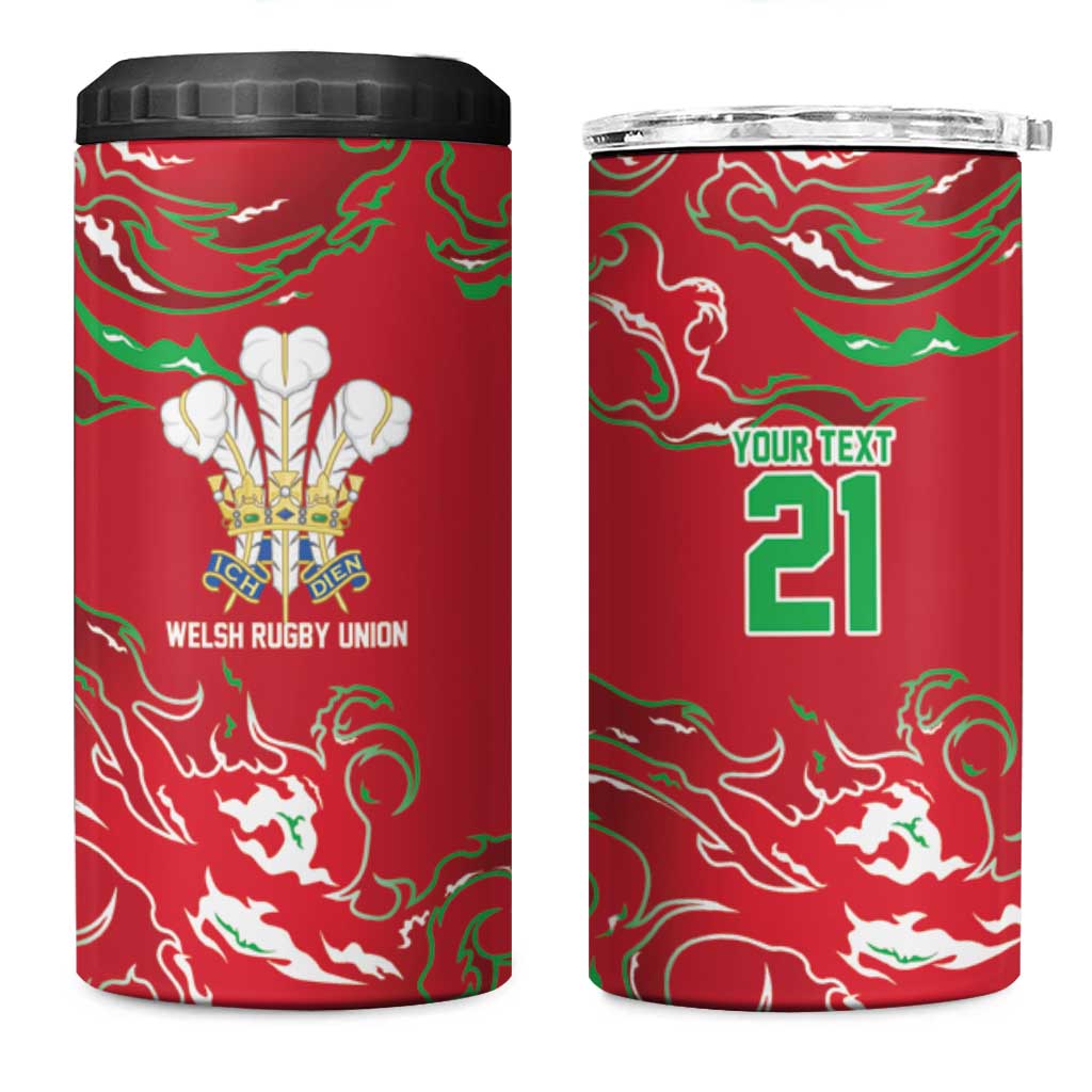 Custom Wales Rugby Pride 4 in 1 Can Cooler Tumbler Cymru Three feathers Flame Fire Style