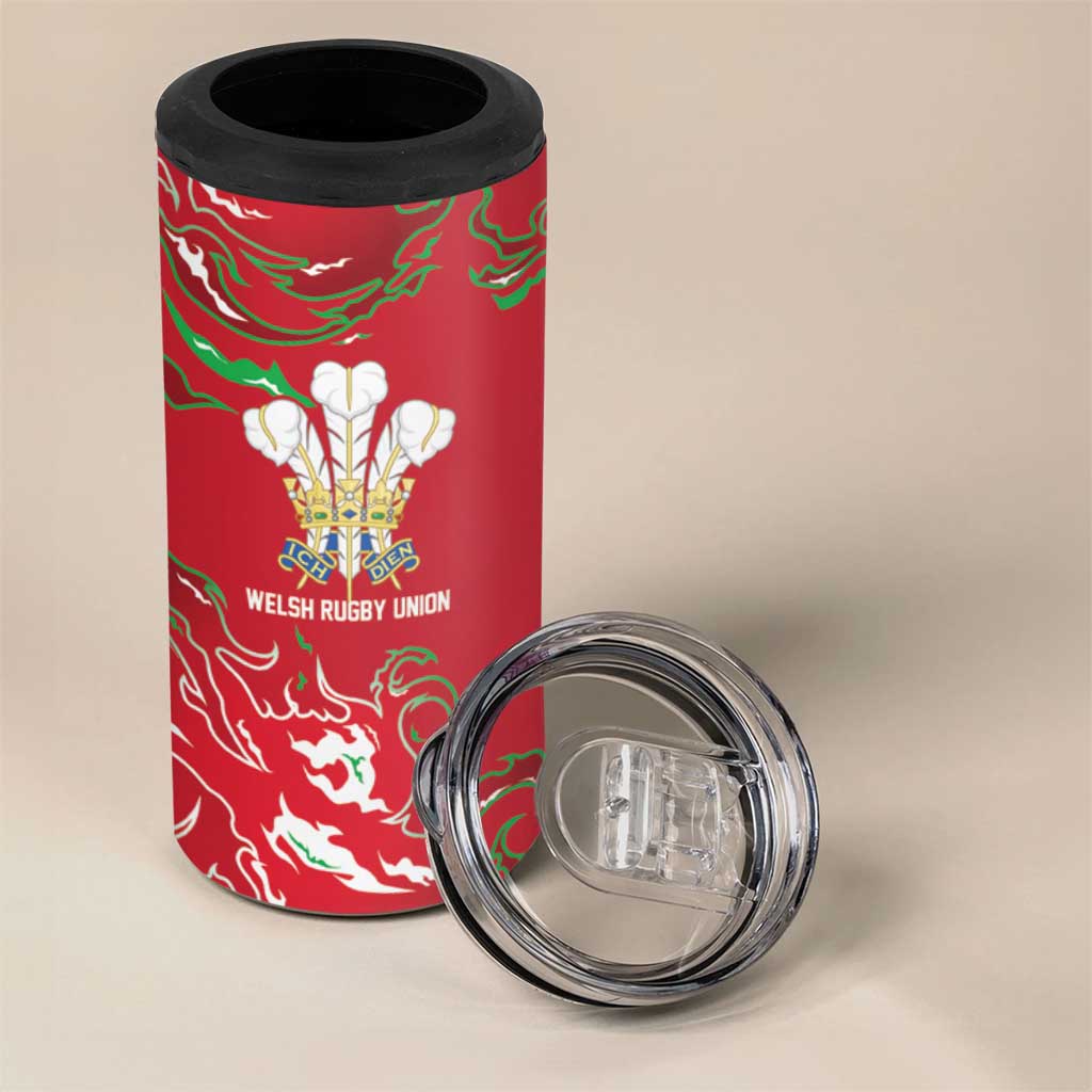 Custom Wales Rugby Pride 4 in 1 Can Cooler Tumbler Cymru Three feathers Flame Fire Style