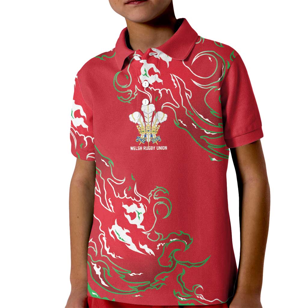 Custom Wales Rugby Pride Kid Polo Shirt Cymru Three feathers Flame Fire Style