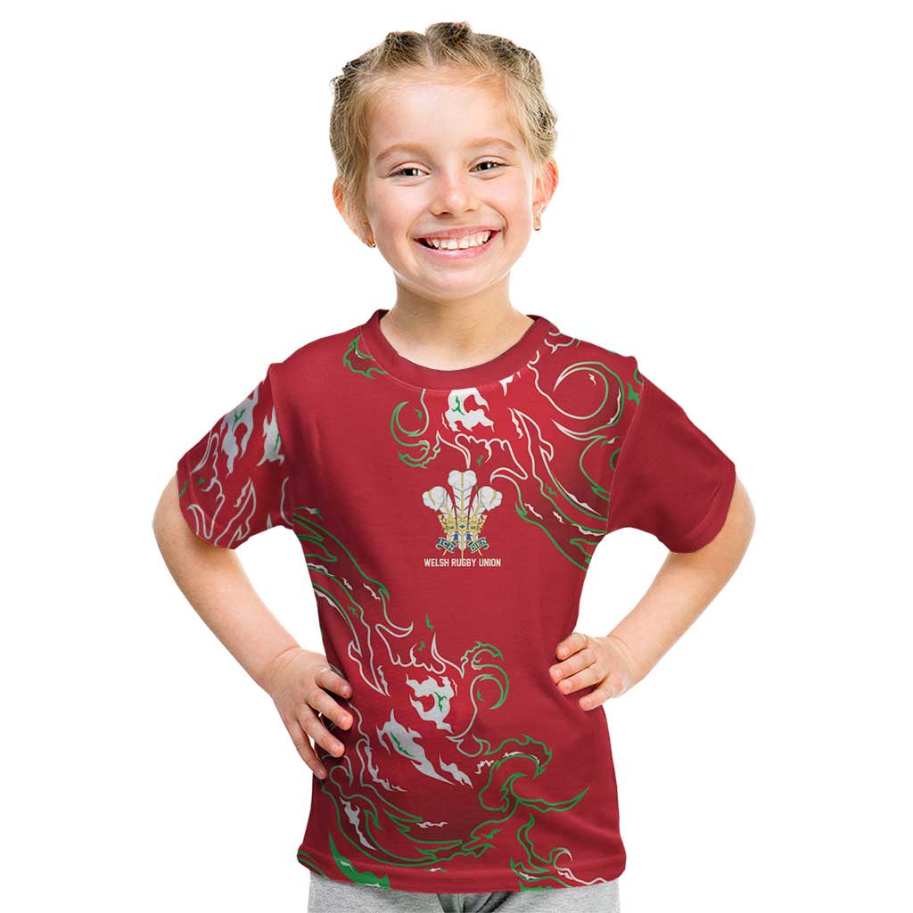 Custom Wales Rugby Pride Kid T Shirt Cymru Three feathers Flame Fire Style