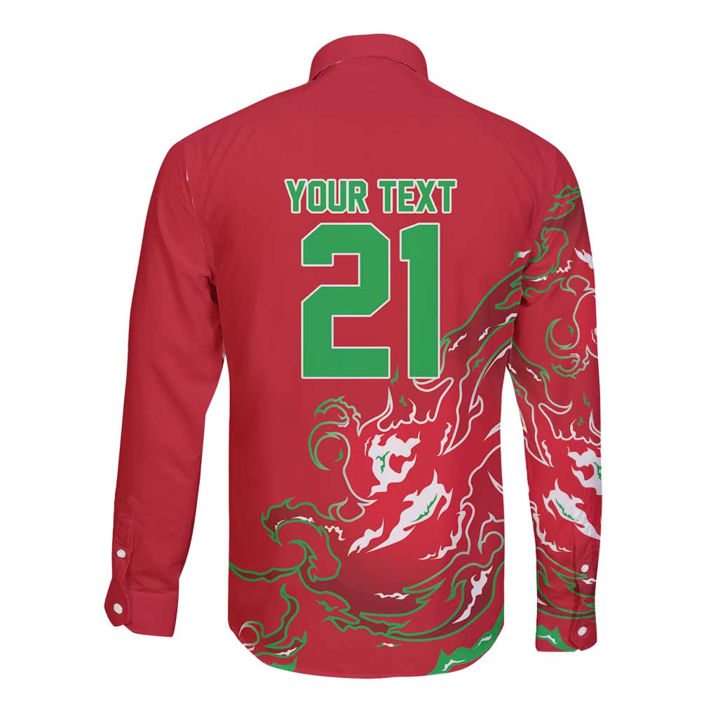 Custom Wales Rugby Pride Long Sleeve Button Shirt Cymru Three feathers Flame Fire Style