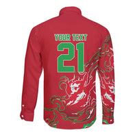 Custom Wales Rugby Pride Long Sleeve Button Shirt Cymru Three feathers Flame Fire Style
