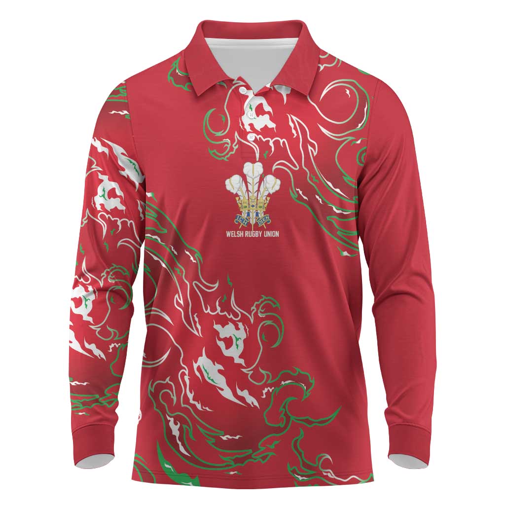 Custom Wales Rugby Pride Long Sleeve Polo Shirt Cymru Three feathers Flame Fire Style