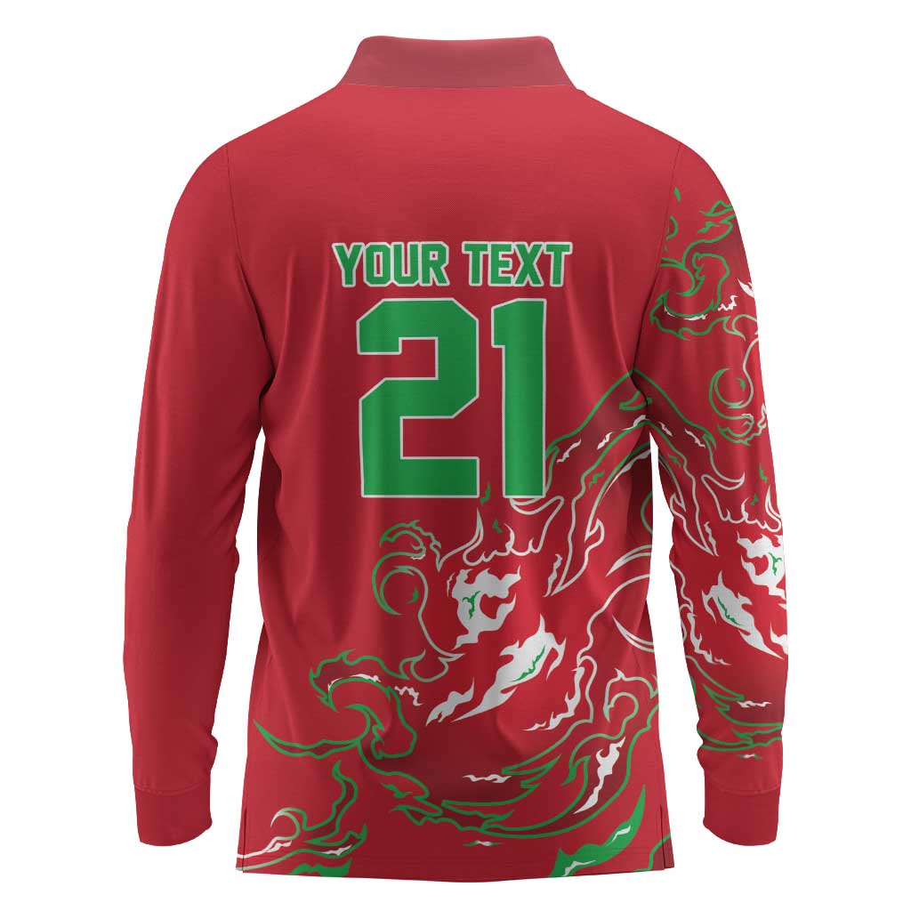 Custom Wales Rugby Pride Long Sleeve Polo Shirt Cymru Three feathers Flame Fire Style