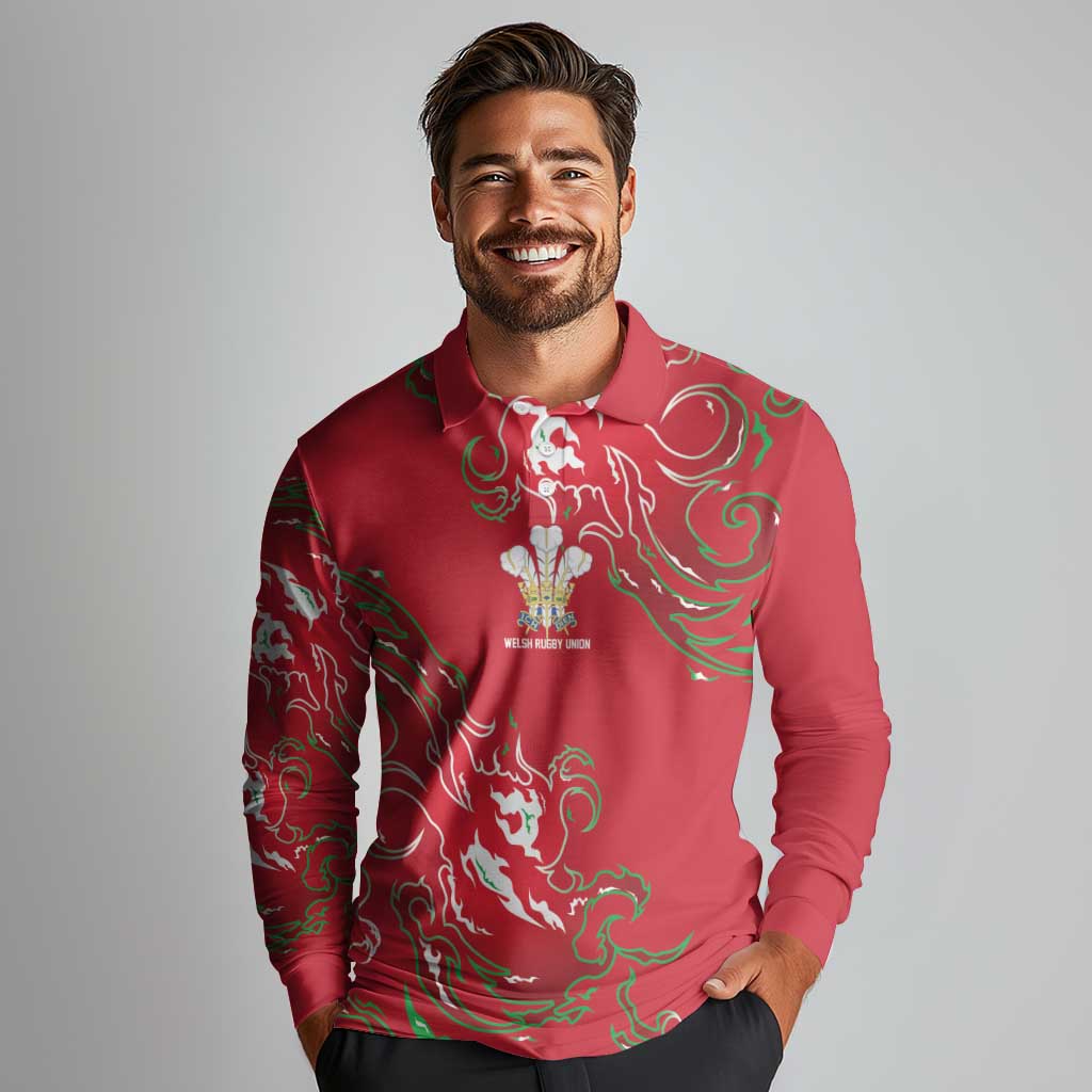 Custom Wales Rugby Pride Long Sleeve Polo Shirt Cymru Three feathers Flame Fire Style