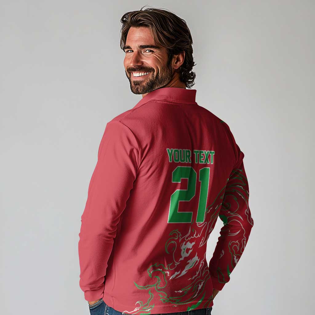 Custom Wales Rugby Pride Long Sleeve Polo Shirt Cymru Three feathers Flame Fire Style