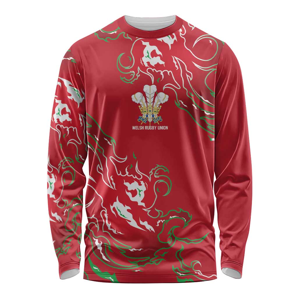 Custom Wales Rugby Pride Long Sleeve Shirt Cymru Three feathers Flame Fire Style