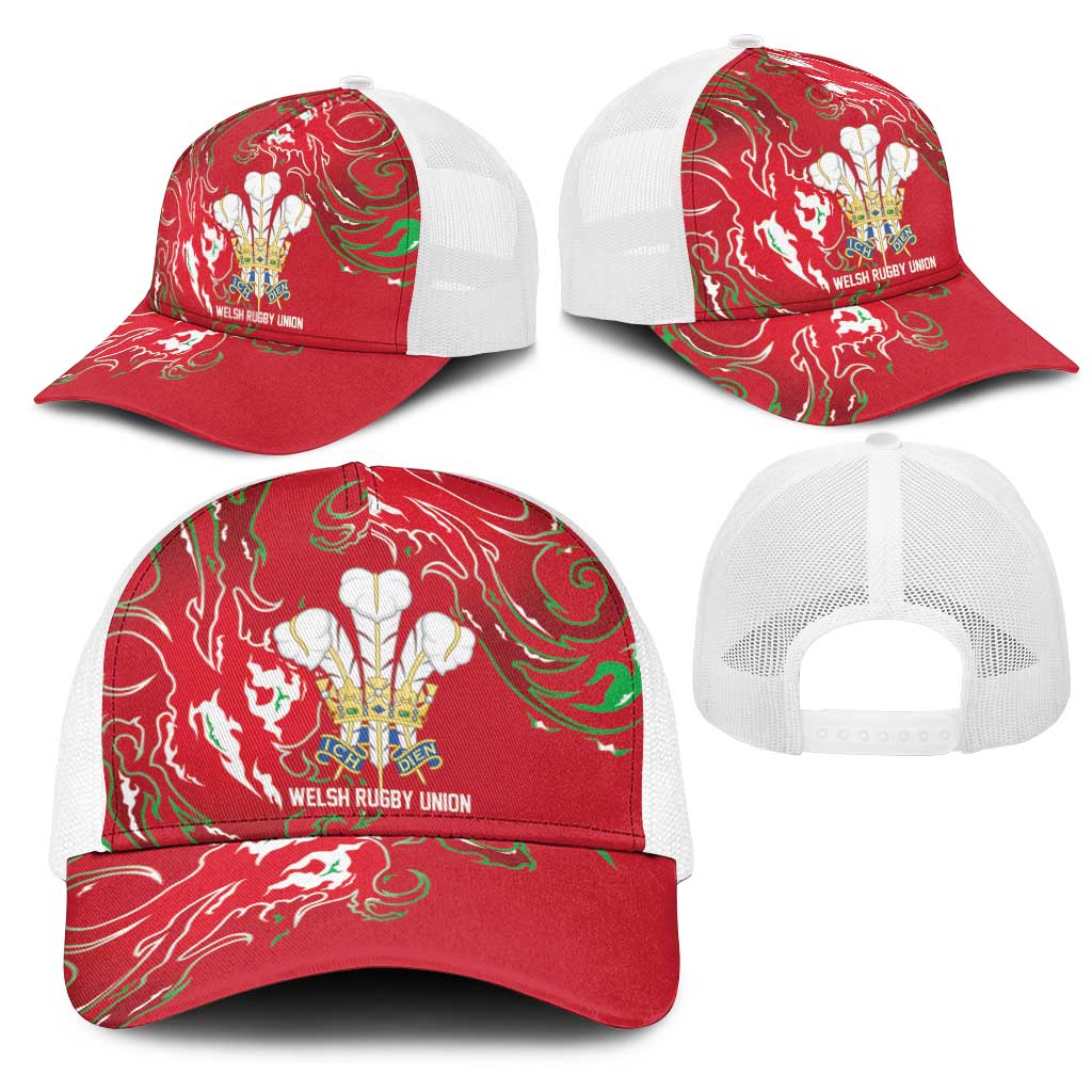 Wales Rugby Pride Mesh Trucker Cap Cymru Three feathers Flame Fire Style