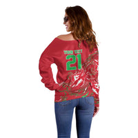 Custom Wales Rugby Pride Off Shoulder Sweater Cymru Three feathers Flame Fire Style