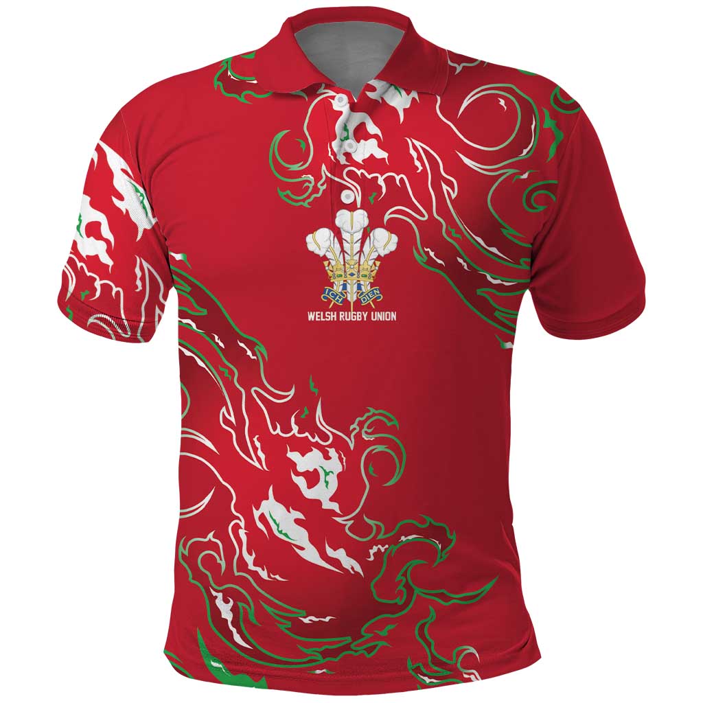 Custom Wales Rugby Pride Polo Shirt Cymru Three feathers Flame Fire Style
