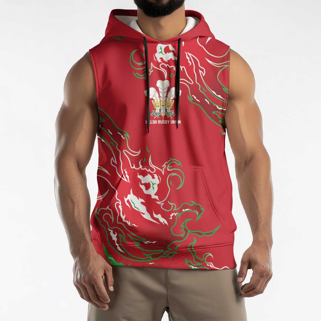 Custom Wales Rugby Pride Sleeveless Hoodie Cymru Three feathers Flame Fire Style